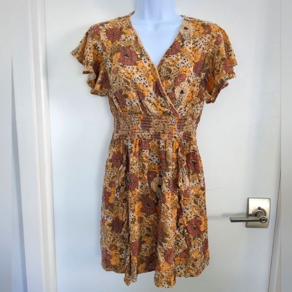 Jessica Simpson Floral Brown Beige and Orange V neck mini Dress size SX - Picture 2 of 8